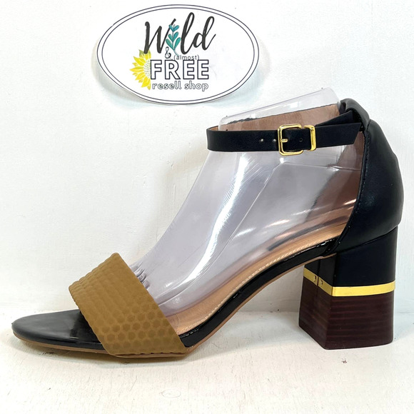 kenzie Shoes - Kensie Estan Camel Block Chunky Heel Ankle Buckle Sandal-Black, Brown- women 9